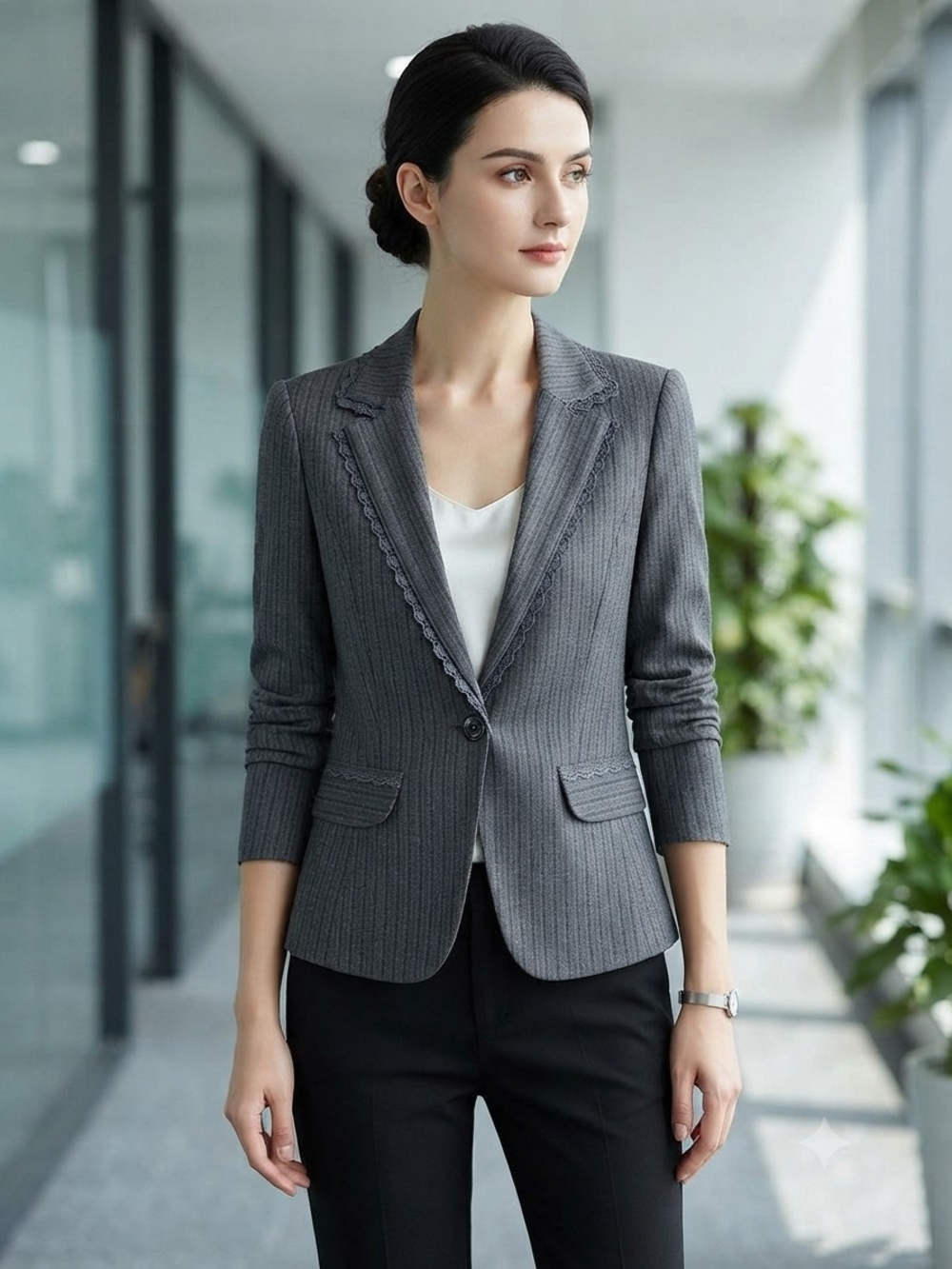 Clothing & Notations Gray Pinstripe Blazer with Lace Trim Sz 4